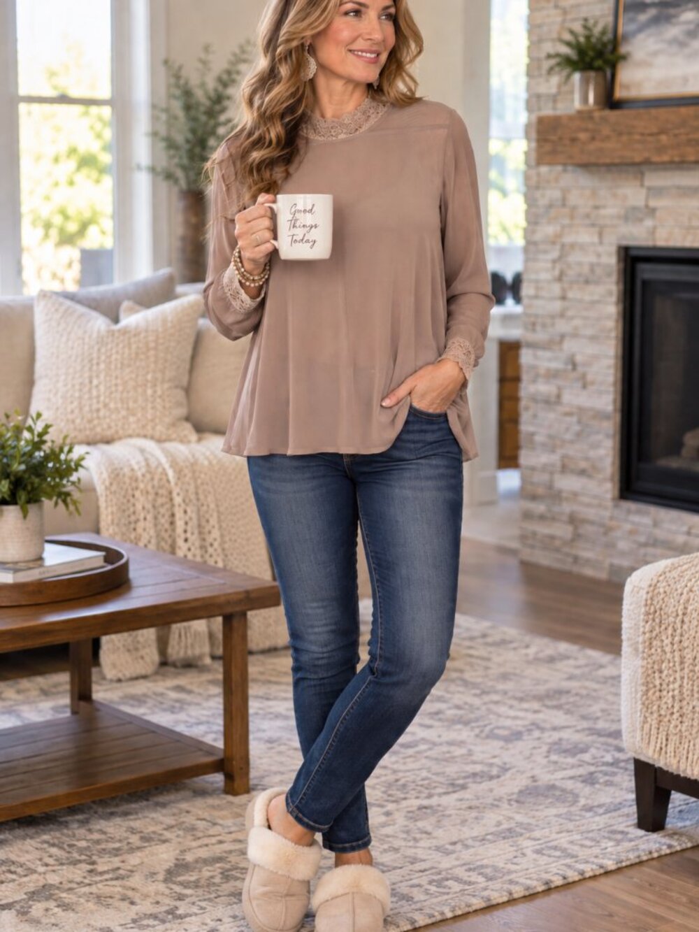 LOGO by Lori Goldstein Lg Slve Lace Collar & Sleeves Mocha Coffee Mesh Tunic XL